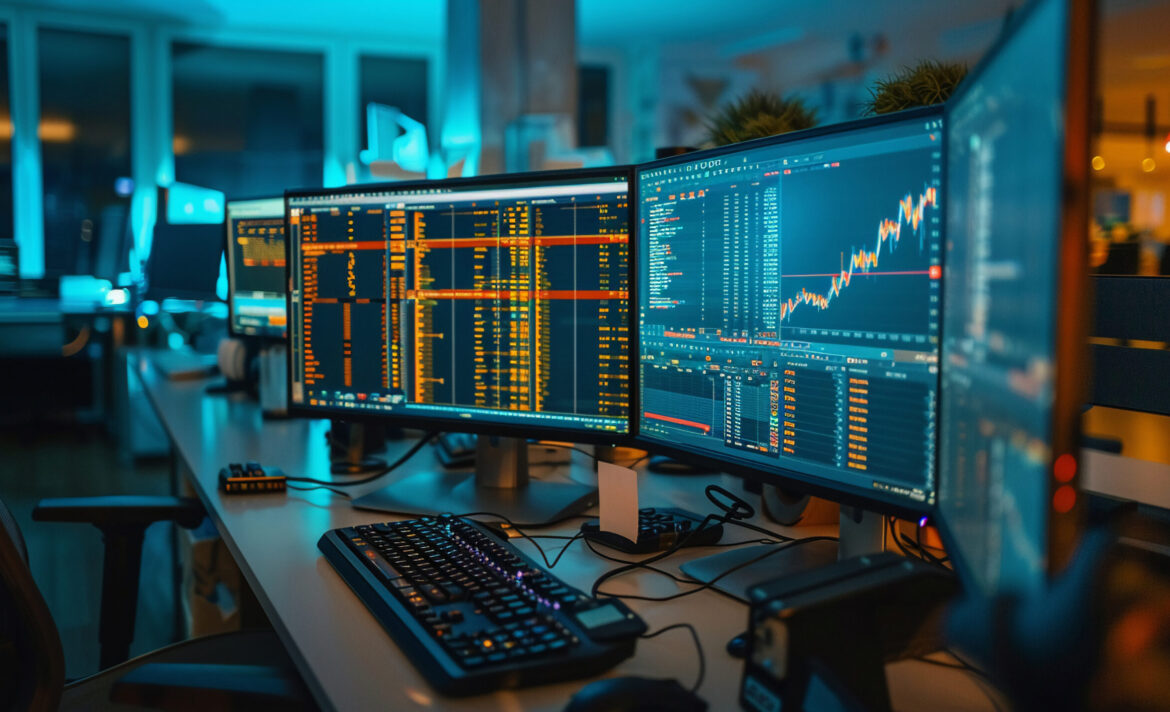 A busy office with multiple monitors showing gold stock performa