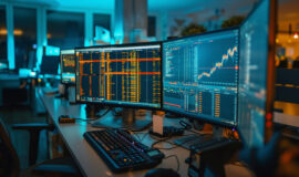 A busy office with multiple monitors showing gold stock performa