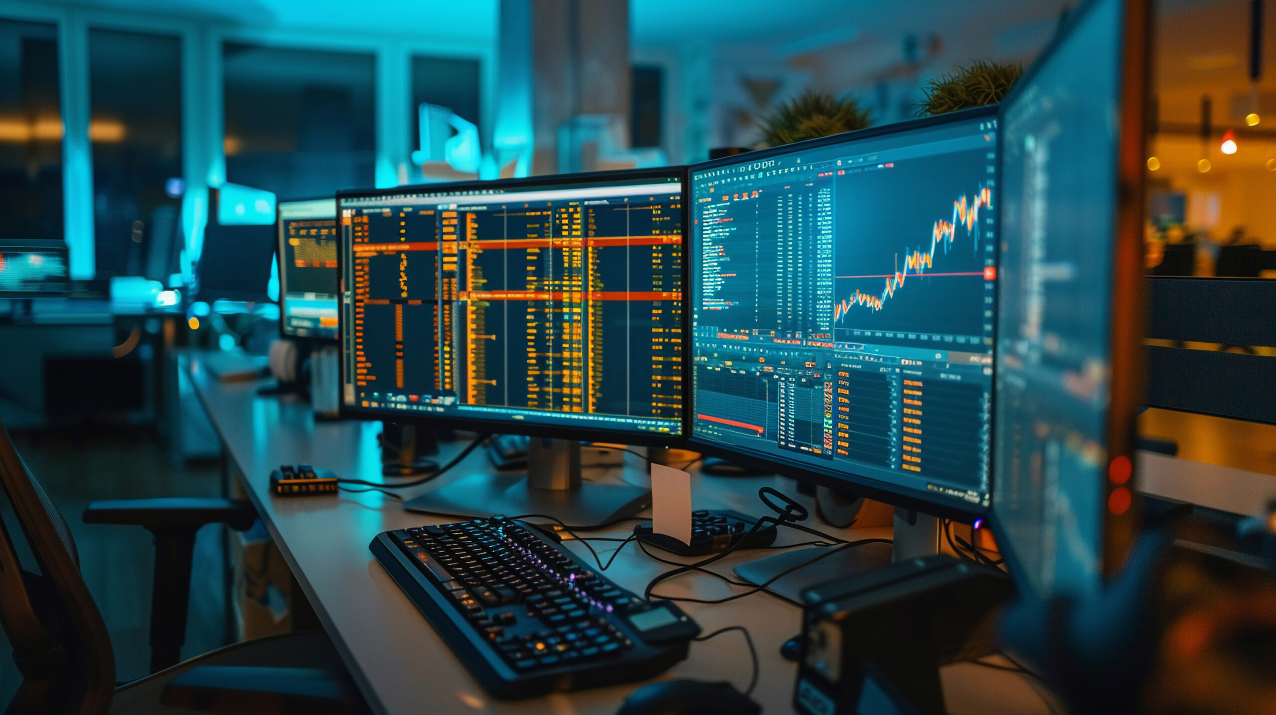 A busy office with multiple monitors showing gold stock performa